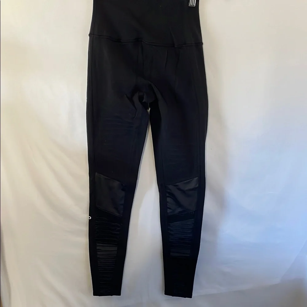 Alo Black Leggings with Ribbed Accents moto style sheer mesh